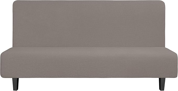 Easy-Going Stretch Futon Slipcover Armless Futon Bed Cover Furniture Protector Without Armrests with Elastic Bottom for Kids, Soft Jacquard Fabric Small Checks (Large, Taupe)