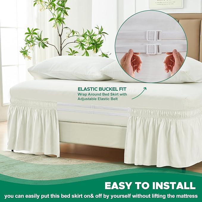 Biscaynebay Wrap Around Bed Skirts for King & Cal King Beds 21" Long Drop, Ivory Adjustable Elastic Dust Ruffles Easy Fit Wrinkle Resistant Silky Luxurious Fabric Machine Washable
