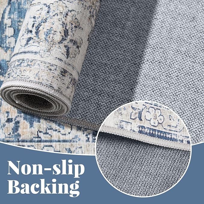 jinchan Fiora Floral 3x5 Area Rugs for Entryway - Machine Washable Taupe Vintage Distressed Design Doormat Non-Slip Ultra-Thin Low Pile Boho Rug for Kitchen Living Room Farmhouse (3‘x5', Dark Blue)