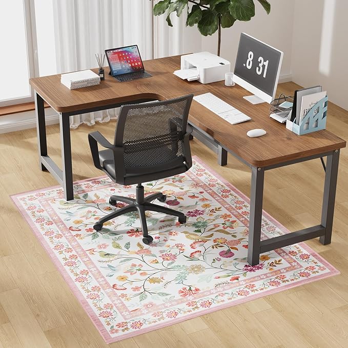 40"x50" Pink Floral Office Chair Rug, Easy to Clean Computer Chair Rug, Under Desk Rugs for Home Office, Desk Rugs for Rolling Chairs, Floor Mat for Hardwood Floors, Desks Carpet for Tile Floor