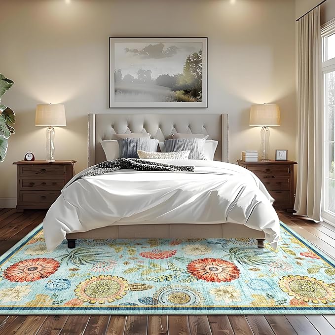 GarveeHome 4x6 Floral Washable Area Rug: Large Living Room Area Rug with Non-Slip Backing Washable Ultra Soft Bedroom Floral Carpet Indoor Stain Resistant Carpet for Dining Room 4 * 6 ft Light Blue
