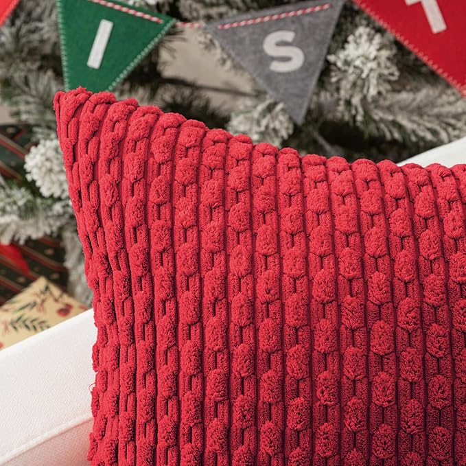Kevin Textile 12x24 Inch Pillow Cover 1 Pack Boho Christmas Decorative Soft Striped Corduroy Lumbar Farmhouse Color Accent Rectangle Cushion Case for Living Room Couch Sofa Bed, Red