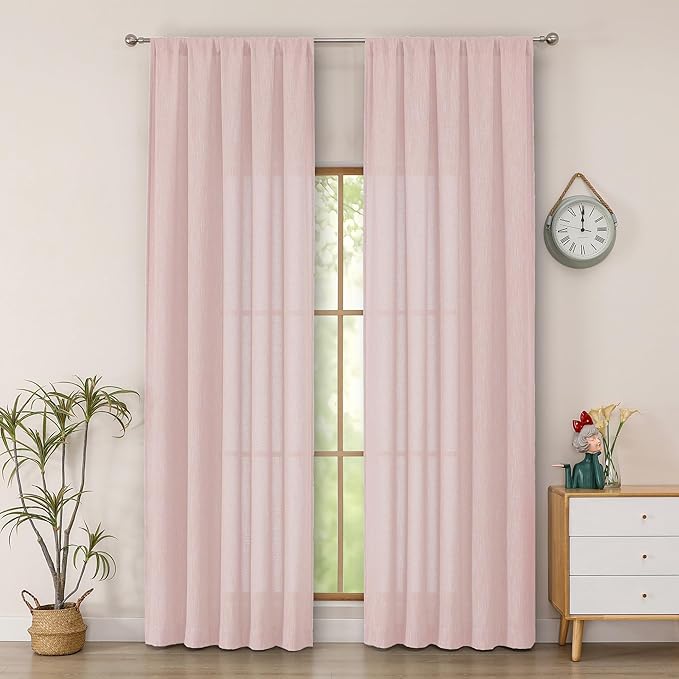 Simplebrand Blush Faux Linen Textured Semi Sheer Curtains 96 Inches Long 2 Panels Set, Light Filtering Soft Thick Farmhouse Curtains Window Treatment for Bedroom/Living Room/Dining Room, 50 x 96 Inch