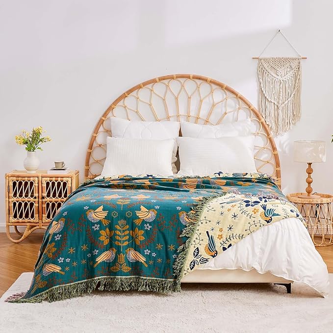 Yellow Boho Throw Blanket, 100% Cotton Blankets for Couch Bed, 80"x90"Cotton Quilt Travel Muslin Blankets Farmhouse Home Decor Soft Lightweight Picnic Blanket for Summer