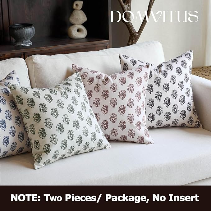 DOMVITUS Set of 2 Floral Pillow Covers 24x24, Block Print Pillow Covers Vintage Neutral Decorative Farmhouse Throw Pillow Covers for Couch Bed Living Room Black