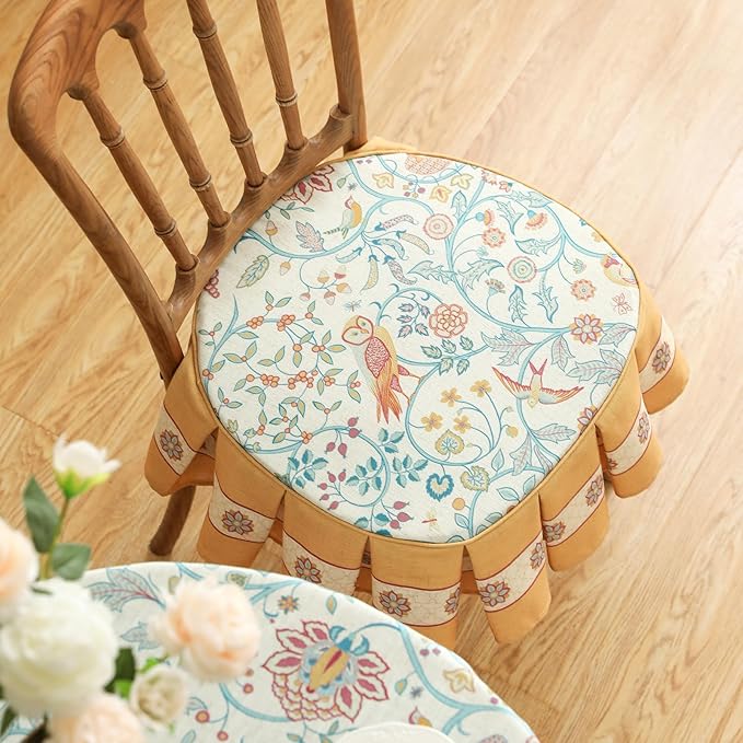 patdrea Pack of 2 Chair Cushions for Dining Chairs with Ruffled, Floral Birds Seat Cushion with Ties,Removable,Non Slip Chair Pads Decor for Bar Stool Cushions, Indoor Kitchen Chairs, 17.7"x17.7"