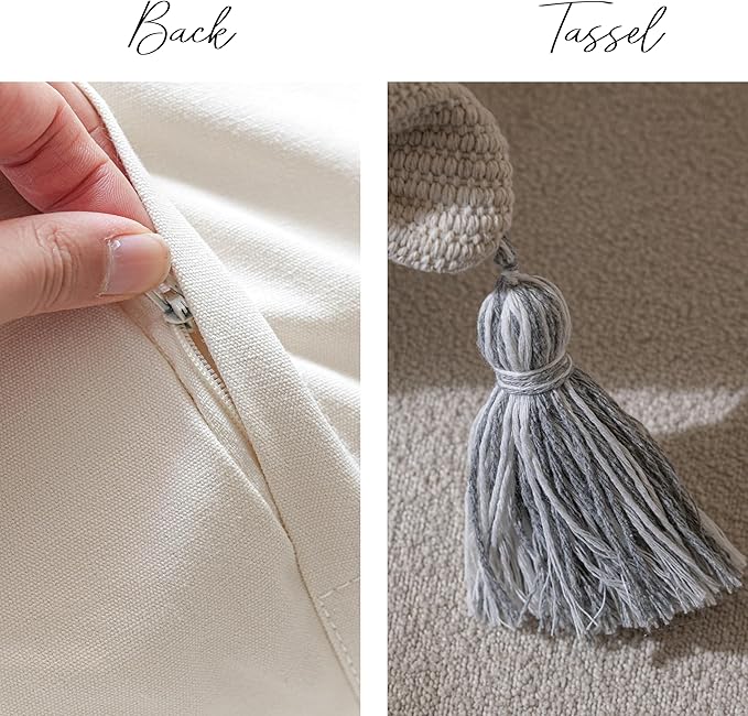 BlissBlush Gray Decorative Throw Pillow Cover 20x20 Combo Set of 2 Square Boho Neutral Grey Accent Pillowcase Tassels Farmhouse Cushion for Couch Sofa Bedroom Living Room Home Décor Cover ONLY