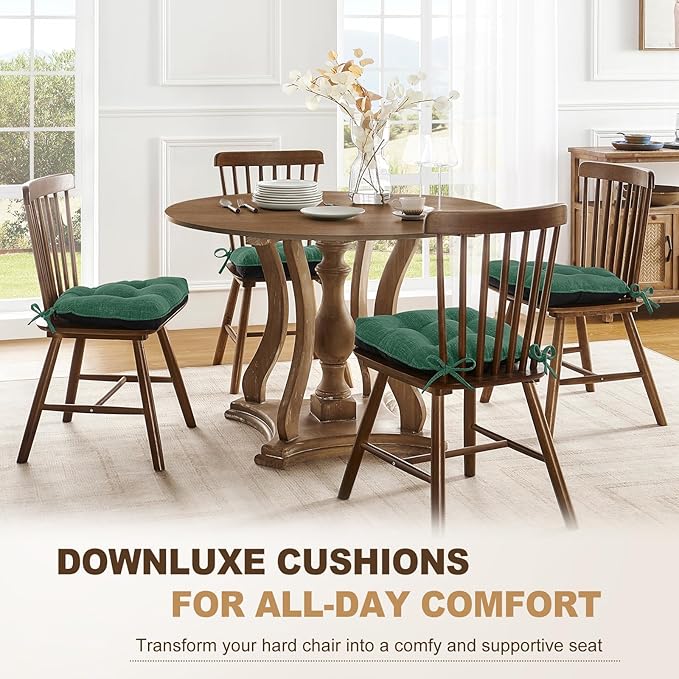 downluxe Indoor Chair Cushions for Dining Chairs, Tufted Overstuffed Textured Foam Kitchen Chair Pads with Ties and Non-Slip Backing, 15.5" x 15.5" x 4", Dark Green, 4 Pack