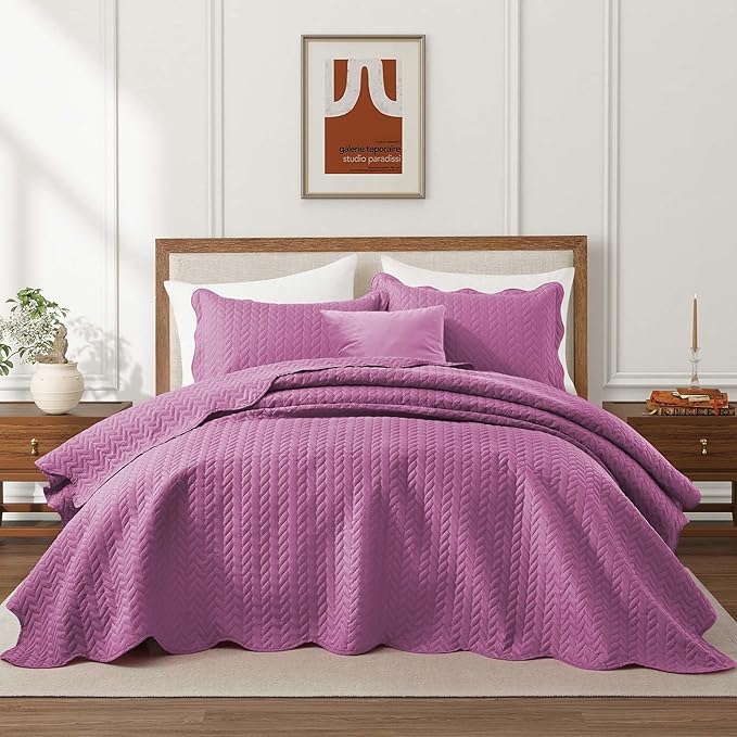 IR Imperial Rooms 8 Pack Quilt King Size Bedding (106" x 96") - Bulk Wholesale for Hotels, Guest Bedroom & Airbnbs - Lightweight Microfiber Reversible Embossed Quilts Bedspread (Purple)