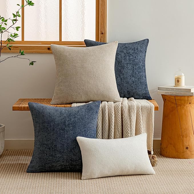a moment Dark Blue Chenille Throw Pillow Covers 18x18 Inch Pack of 2 Modern Decorative Throw Pillow Covers Farmhouse Cross Covers Home Decor for Sofa Bedroom Living Room