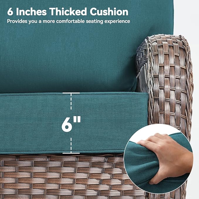Luxury 6" Outdoor Cushions for Patio Furniture, 24x24x6" Thick Seat Cushion Set of 7, Fade Resistant Couch Chair Replacement Cushions High Density Deep Wicker Chair Cushion w/ Removable Cover, Green
