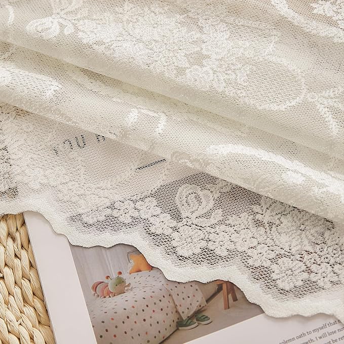 Ivory Vintage Country Floral Lace Sheer Curtains 96 Inches Long -Rod Pocket Light Filtering French Privacy Scalloped Edges Rod Pocket Boho Bedroom ，52 x 96 Inch, 2 Panels
