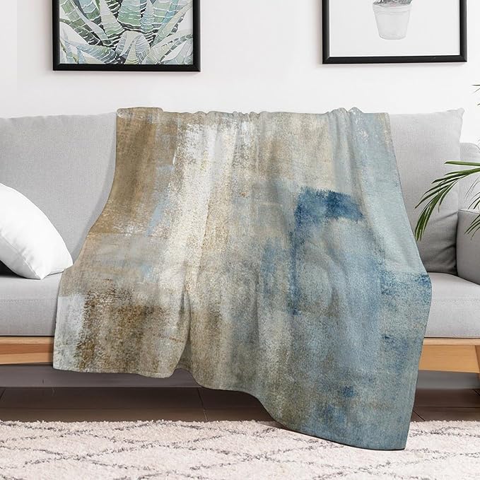 Abstract Gradient Blanket, Modern Fashion Art Blue Grey Brown Painting Strokes Pattern Soft Warm Cozy Plush Flannel Covers for Livingroom Bedroom Couch Chair Camping Travel Home Decor Tapestry 50x60in
