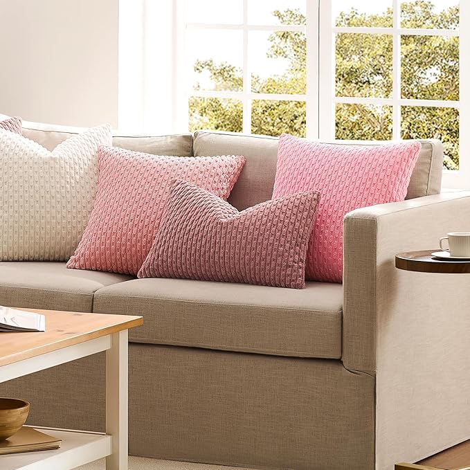 Kevin Textile Valentines Day 12x20 Inch Pillow Cover 1 Pack Boho Decorative Soft Striped Corduroy Lumbar Farmhouse Accent Rectangle Cushion Case for Living Room Couch Sofa Bed, Dark Pink