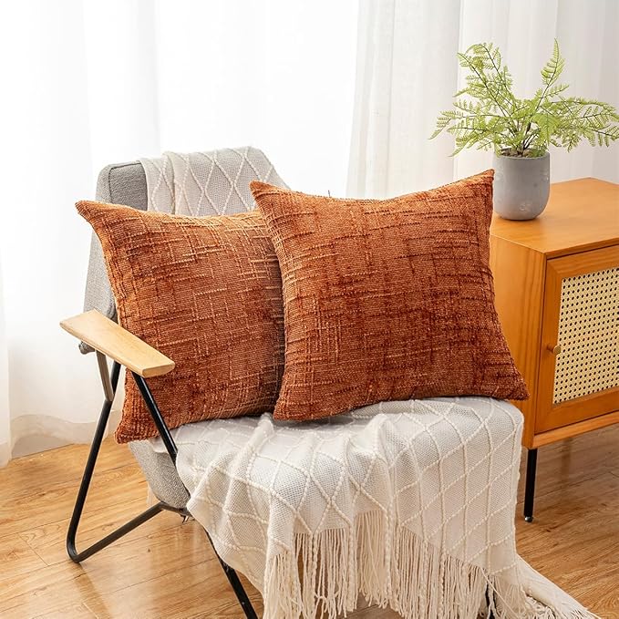 Decorative Throw Pillow Covers 16x16 Inch Set of 2, Soft Solid Farmhouse Chenille Couch Pillows, Spring Pillow Covers for Couch Sofa Bed Living Room Home Decor Pillowcase, Rust