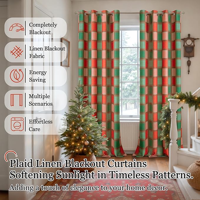 Plaid Christmas Curtains Gingham Patterned - Total Linen Blackout Curtains for Living Room, Farmhouse Checkered Boho Drapes for Bedroom Winter Thermal Insulated 52x90 Inch 2 Panels, Red Green
