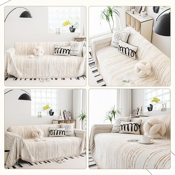 Chenille Couch Cover Pet Friendly, Sofa Cover Washable, Reversible Sofa Slipcover for Sectional Sofa, Loveseat, 2 or 3 Cushion Couch, Corner Sofa, Futon Cover (71" X 150", Khaki)