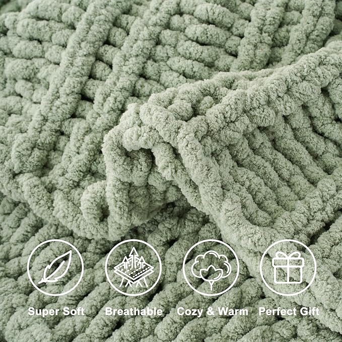 Battilo Chunky Knit Blanket Throw，Sage Throw Blanket for Couch, Thick Warm Soft Cozy Knitted Chenille Throw Blanket for Sofa, Bed, Living Room, 50"x60"