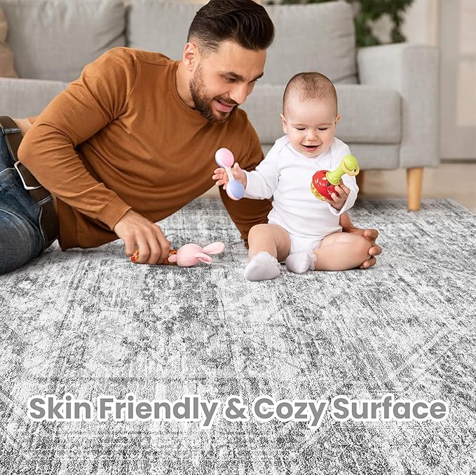Vintage Living Room Area Rug 5x7 - Large Soft Washable Oriental Traditional Distressed Farmhouse Rugs for Bedroom - Indoor Floor Accent Carpet for Home Office House Decor - Distressed Grey