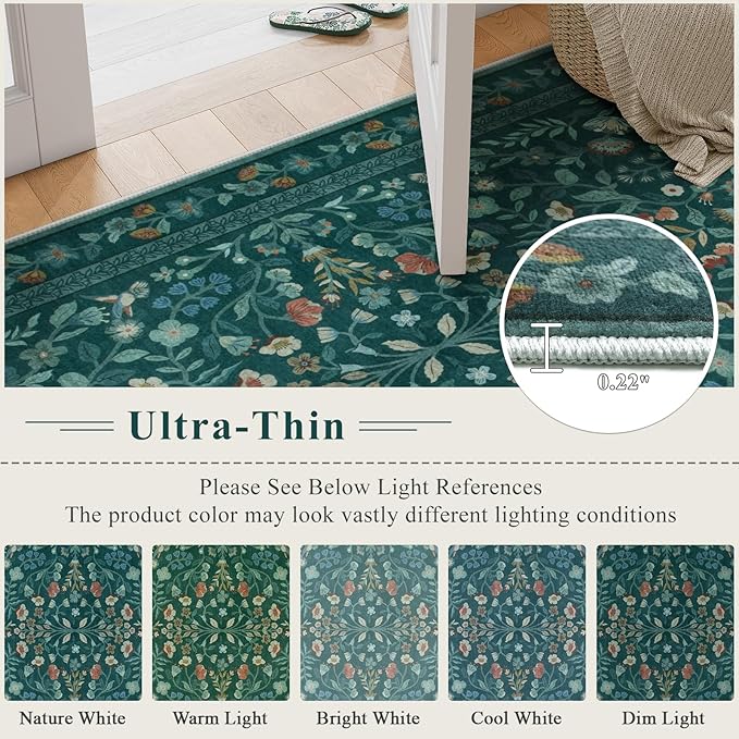 Lahome Floral Washable Rugs 9x12, Non-Slip Untra-Thin Soft Living Room Area Rugs, Vintage Botanical Print Low-Pile Carpet for Bedroom Dining Room Office, Dark Green