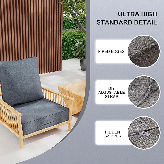 Outdoor Olefin Water-Resistant Deep Seat Cushion Set, 23''x 26''x 6'' Weather and Fade Resistant Patio Furniture Seat Cushion, Thickened Sofa Chair Pad with Straps for Lawn, Garden, Light Gray