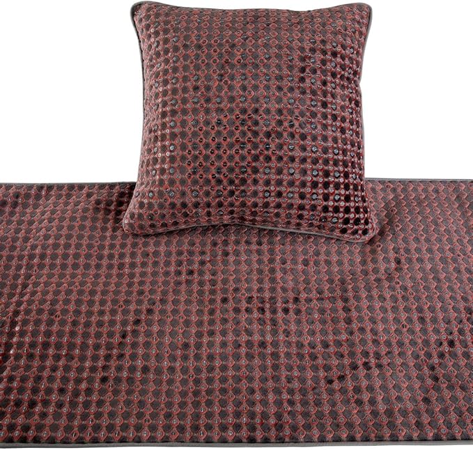 The HomeCentric Grey Bed Runner, Twin Size 53"x18" Decorative Bed Runner with Matching Pillow Cover, Peach & Grey Velvet Bed Scarf in Sequins Embroidery - Ditto Dots