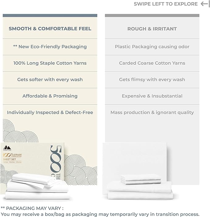Mayfair Linen 100% Cotton Sheets King Size Bed Set - 500 Thread Count Sheets King Size 4 PC Set (White), Soft, Cooling, Hotel-Quality 16" Deep Pocket Cotton Bedsheet for Hot Sleepers