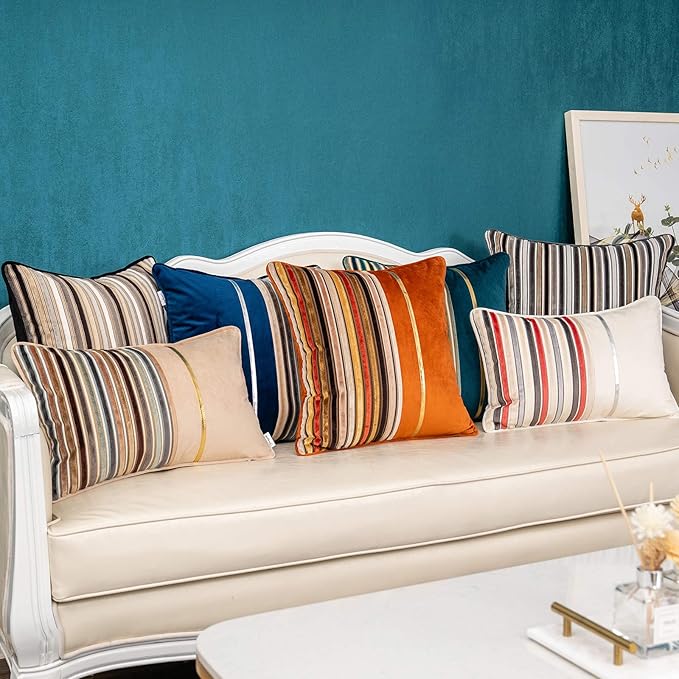 Yangest Black Striped Patchwork Throw Pillow Cover Gold Leather Cushion Cover Zippered Rectangular Pillowcase for Sofa Couch Bedroom Living Room Home Decoration, 12x20 Inch