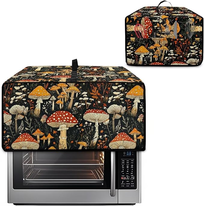 Dustproof Toaster Oven Cover Polyester-Linen Fabric Microwave Oven Dust Cover Foldable Kitchen Appliance Protector Dirt and Fingerprint Protection, Vintage Mushroom Plant Print, M