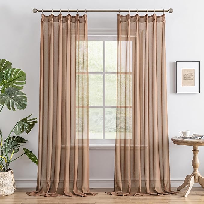 Mocha Pinch Pleat Sheer Curtains 96 Inches Long for Living Room Light Filtering Soft Touch Lightweight Pleated Drapes with Hooks for Bedroom, Mocha Moose, 42" W x 96" L, 2 Panels