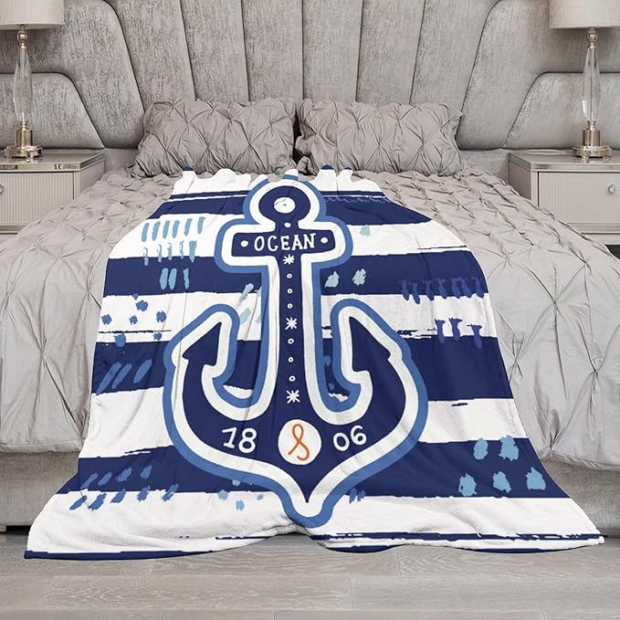 Nautical Anchor Blanket Modern Cartoon Anchor Ocean Adventure Blue White Soft Cozy Lightweight Throw Blanket for Kids Boys Men Bedroom Living Room Dorm Chair Sofa Travel 40x50in