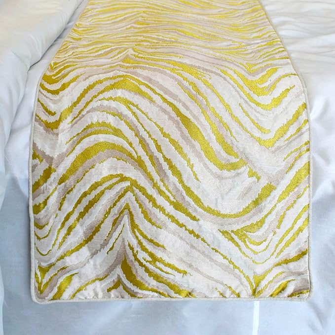 The HomeCentric King/Queen/Twin Yellow & Grey Decorative Bed Runner King 90"x18" Bed Runner Without Pillow Cover, Abstract Wave Pattern Bed Scarf on Jacquard Fabric - Yellow Whirls