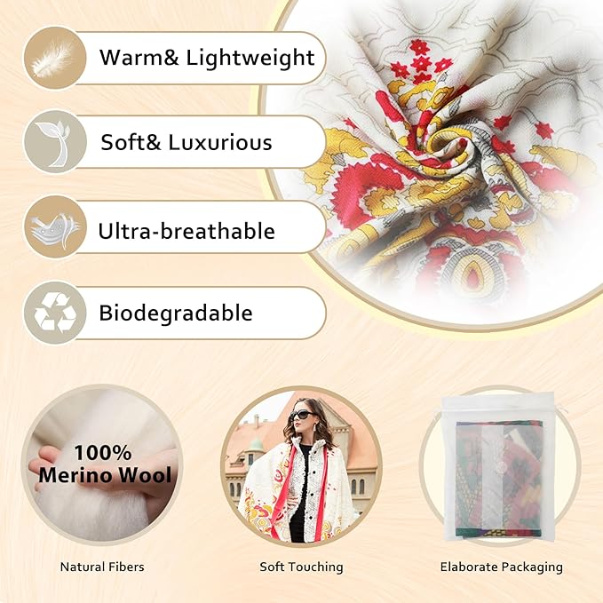 DANA XU 100% Merino Wool Pashmina Shawl for Women 96"x43", Oversized Cashmere Wrap with Tassels, Floral Travel Blanket Cape