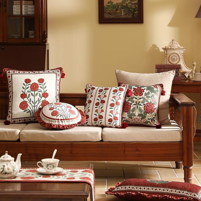 Vintage Square Throw Pillow Covers Pack of 2,Red Cozy Velvet with Leaves and Floral Pattern Pillowcases,Decoration Pillows Cushion Covers for Living Room Couch Sofa Bed Car Chair,18"x18"
