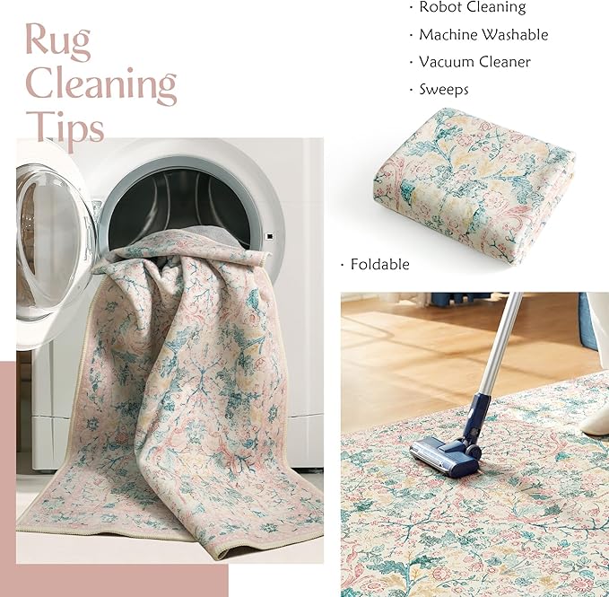 MUJOO Pink Washable Rugs 8x10,Floral Area Rug for Living Room Dining Room Bedroom,Large Throw Carpet,Boho Non Slip Indoor Floor Big Soft Botanical Vintage Ultra-Thin