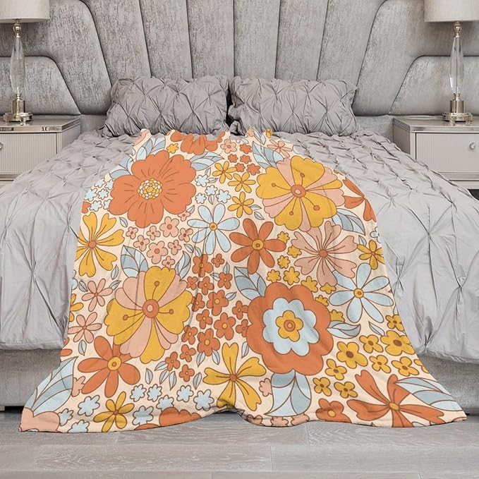 Retro 70s Floral Blanket, Hippie Summer Groovy Flower Power Flower Boho Print Throw Blanket for Couch Sofa Couch Chair 40"x50"