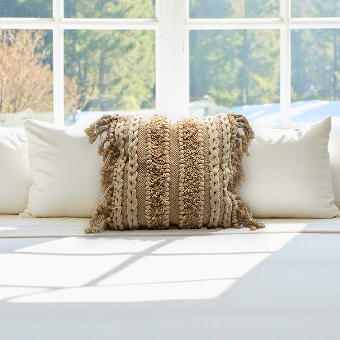 Decorative Boho-Chic Square Pillow Cover 18x18 Handwoven Tufted Braided Cotton Accent Pillows, Neutral Throw Cushion for Couch, Sofa or Bed, Farmhouse & Bohemian Home Decor, Trendy USA Design