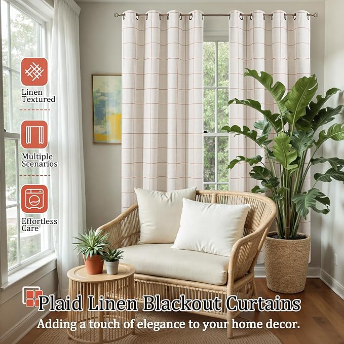 Linen Blackout Curtains for Living Room - Plaid Patterned Curtains 72 Inch Long, Boho Black Out Thermal Insulated Drapes for Bedroom Grommet Style 52x72 Inch 2 Panels, Terracotta