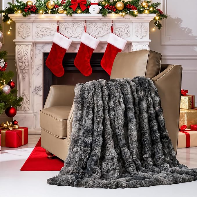 Lotus Karen Faux Fur Throw Blanket Tie-Dye Dark Gray - Big Bubble Rabbit Fluff Blanket for Couch, Small Fluffy Fuzzy Cozy Blanket, Thick Furry Plush Shaggy Blankets, 50x60 Inches