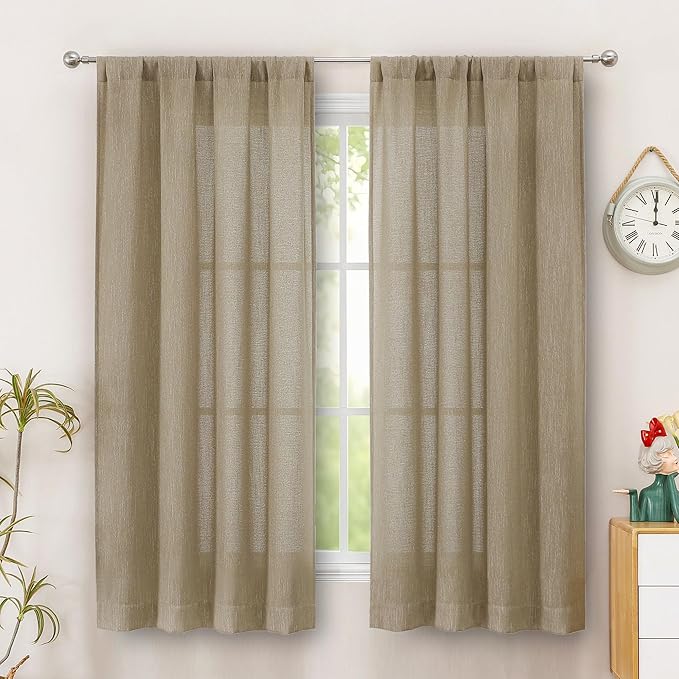 Simplebrand Taupe Faux Linen Textured Curtains 63 Inch Length 2 Panels for Bedroom, Semi Sheer Light Filtering Privacy Farmhouse Curtains, Soft Thick Rod Pocket Window Drapes, 40W x 63L Inch