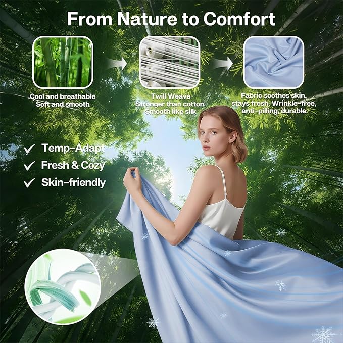 MR&HM King Fitted Sheet Only, Ultra-Soft Rayon Derived from Bamboo & Polyester Blend, Silky & Breathable, 15" Deep Pocket with Elastic Straps, Cooling Fitted Sheet for Hot Sleepers, Light Blue