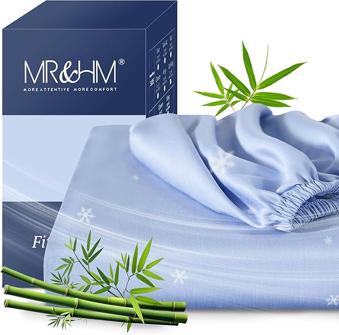 MR&HM Full Fitted Sheet Only, Ultra-Soft Rayon Derived from Bamboo & Polyester Blend, Silky & Breathable, 15" Deep Pocket with Elastic Straps, Cooling Fitted Sheet for Hot Sleepers, Light Blue