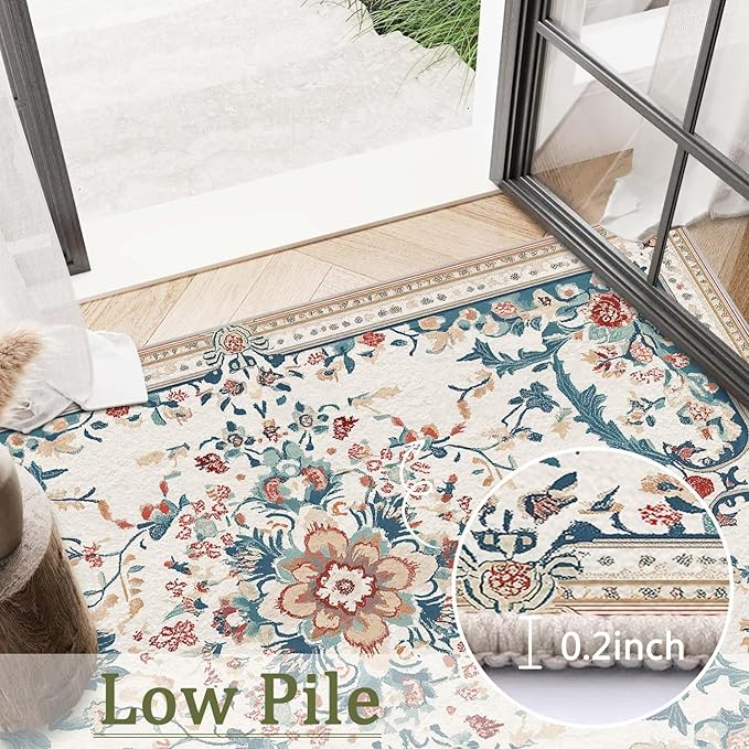 3x5 Boho Entryway Rug Beige Oriental Area Rug Indoor Entrance Non Slip Door Mat Stain Resistant Washable Machine Soft Low Pile Small Carpet Bathroom Kitchen
