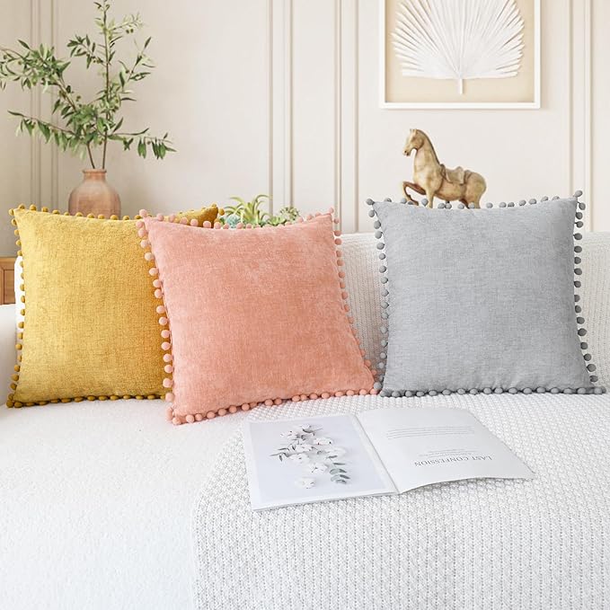 CaliTime Throw Pillow Covers Decorative 20 X 20 Inches Pack of 2 Cozy Solid Dyed Soft Chenille Cushion Cases with Pom Poms for Couch Sofa Bed Living Room Home Dusty Pink