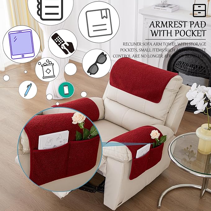 Armrest Cover, Recliner Chair Protector, Furniture Protector Slip, Side Storage Pocket, Stretch Armchair Couch Arm Rest Cover for Recliner, Chair, Sofa (Wine Red,2 Seater(4pcs))