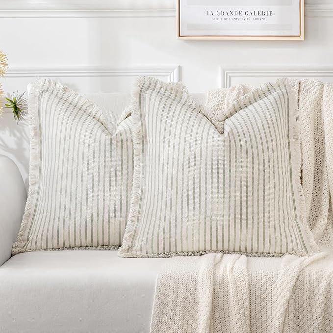 MIULEE Pack of 2 Sage Green Pillow Covers 24x24 Inch Striped Farmhouse Couch Throw Pillow Covers with Fringe Chic Linen Decorative Cushion Eruo Sham for Sofa Living Room Bed Outdoor Home Decor