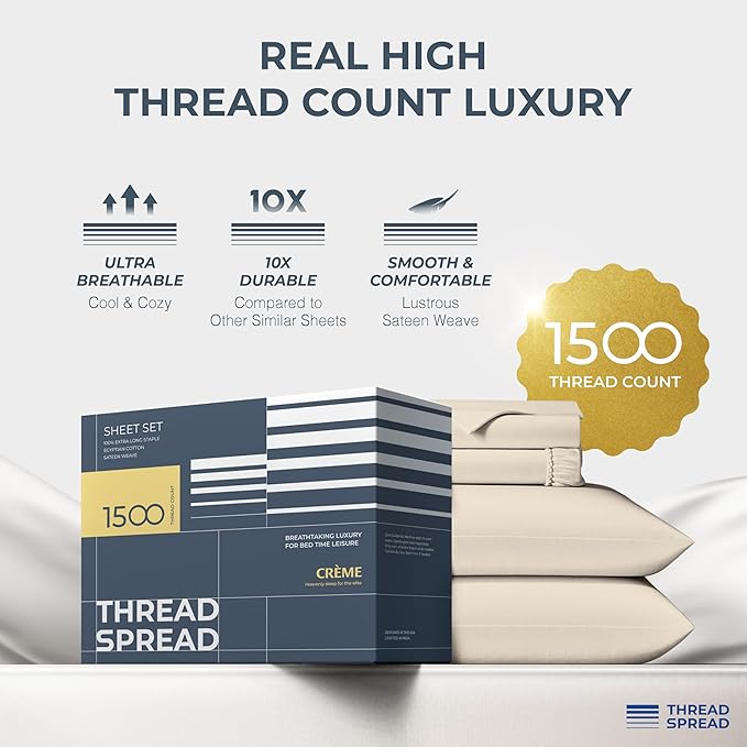 THREAD SPREAD 100% Egyptian Cotton King Size Sheets Set - Luxury 1500 Thread Count Egyptian Cotton Sheets King Size, 17" Deep Pocket, Soft, Cooling Sateen Weave Hotel Quality Bedding Set - Beige