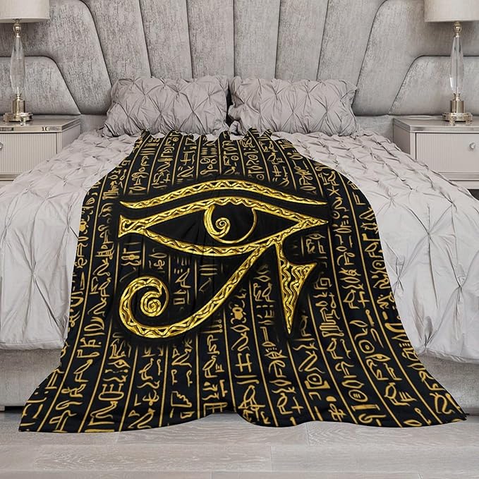 Ancient Egyptian Blanket, Egyptian Eye of Horus Ancient Culture Golden Egyptian Hieroglyphs Alphabet Print Blankets for Couch Sofa Bed Boys Mens, 30"x40"