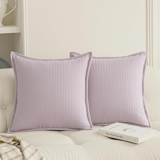 Set of 2 Cozy Striped Herringbone Flange Throw Pillow Covers, Aesthetic Embossed Pattern Pillow Covers for Couch and Bed - 20"x20", Languid Lavender