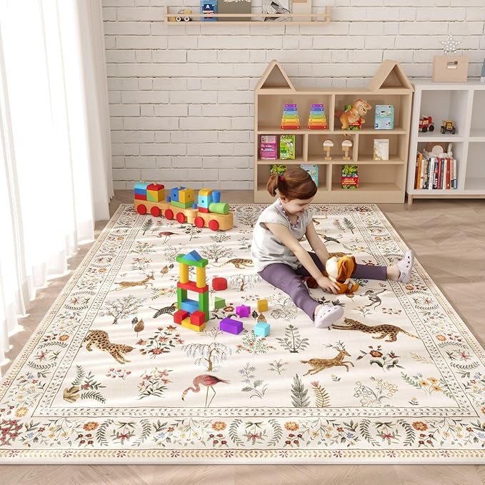 Rugcomf Area Rugs 8x10 Rug for Living Room Clearance Washable Boho Area Rug Non Slip Floral Animal Vintage Low Pile Large Rug for Living Room, Bedroom, Farmhouse, Dining Room, Kids Playroom (Beige)